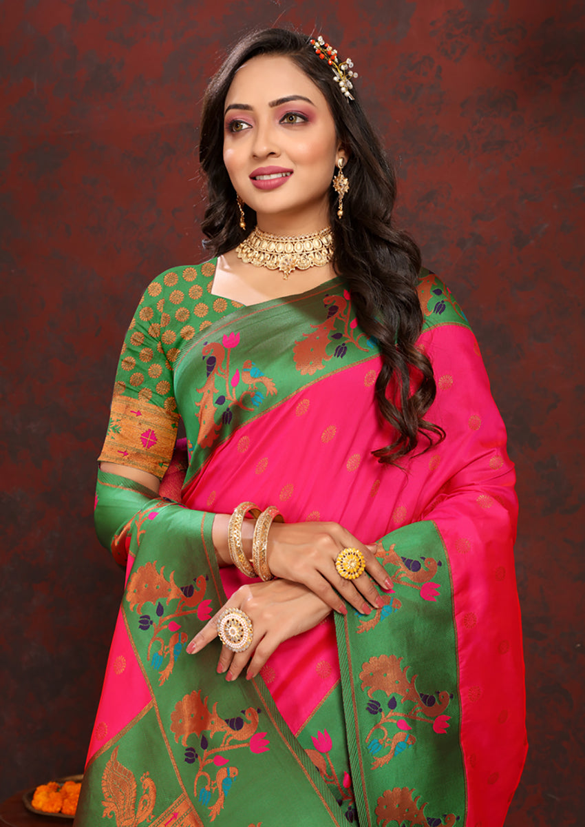 Lorenvalley Fashion Pink Soft Paithani Silk Woven Design Rich Zari Meenakari Weaving Saree - Swadesiicart
