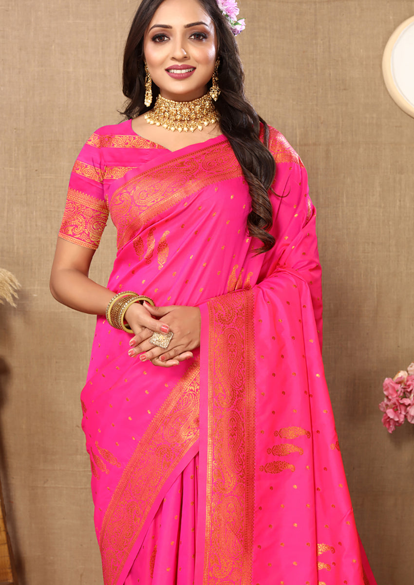 Lorenvalley Fashion Pink Soft Silk Copper Zari weaving Design Saree - Swadesiicart