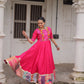 Lorenvalley Fashion Pink Roman Silk with Thread with mirror work & Maslin Crochet Print Work Gown | Swadesiicart