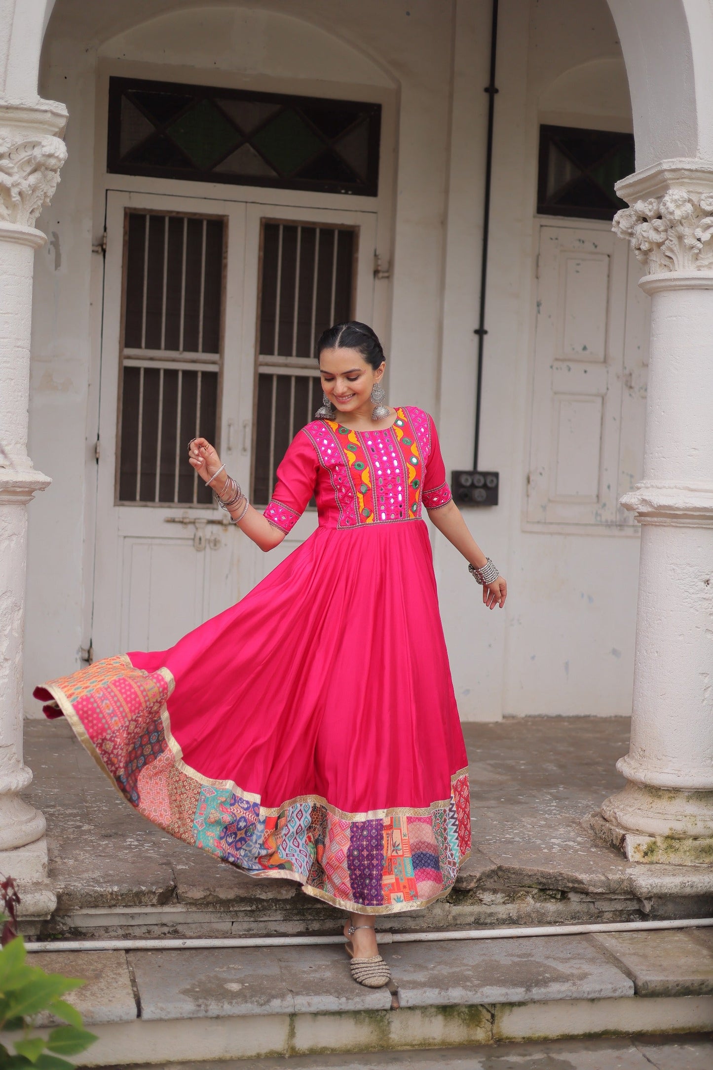 Lorenvalley Fashion Pink Roman Silk with Thread with mirror work & Maslin Crochet Print Work Gown | Swadesiicart