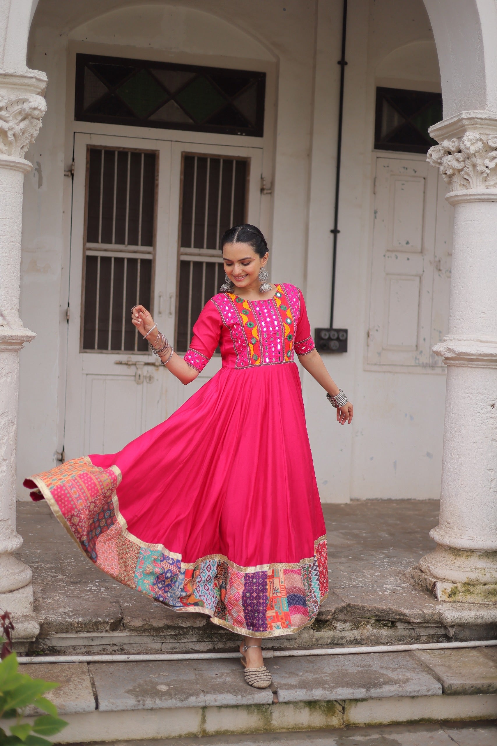 Lorenvalley Fashion Pink Roman Silk with Thread with mirror work & Maslin Crochet Print Work Gown | Swadesiicart