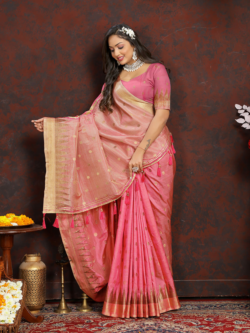 Lorenvalley Fashion Pink Soft Katan Silk Woven Design Zari Weaving Pallu Saree - Swadesiicart