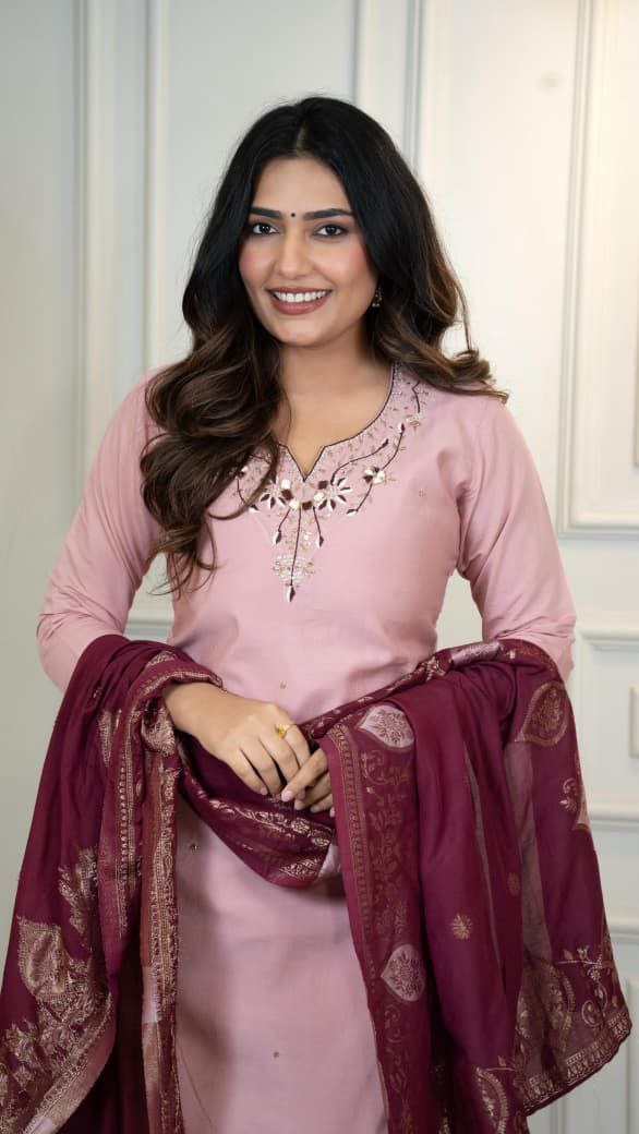 Lorenvalley Fashion Pink Roman Silk Hand Work Kurta Pant with Dupatta - Swadesiicart