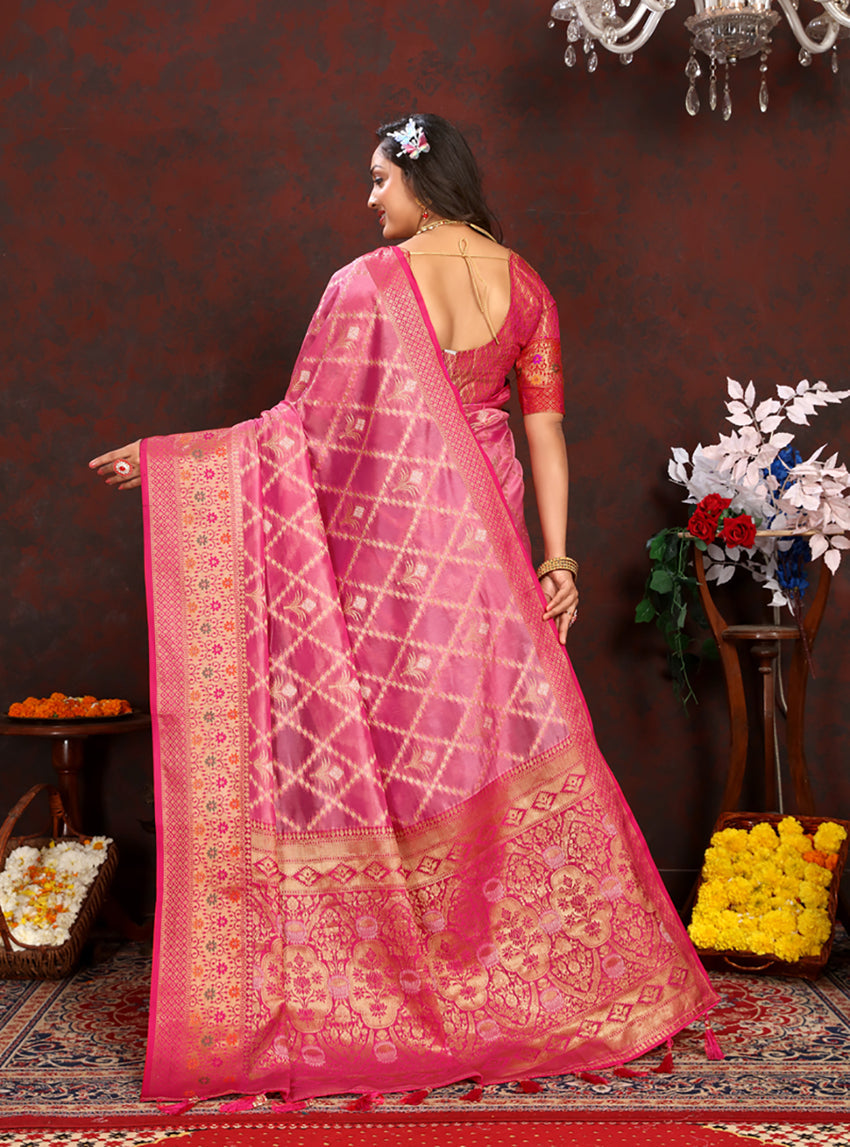 Lorenvalley Fashion Pink Organza Silk Woven Design with Rich Meenakari Weaving Pallu Saree - Swadesiicart