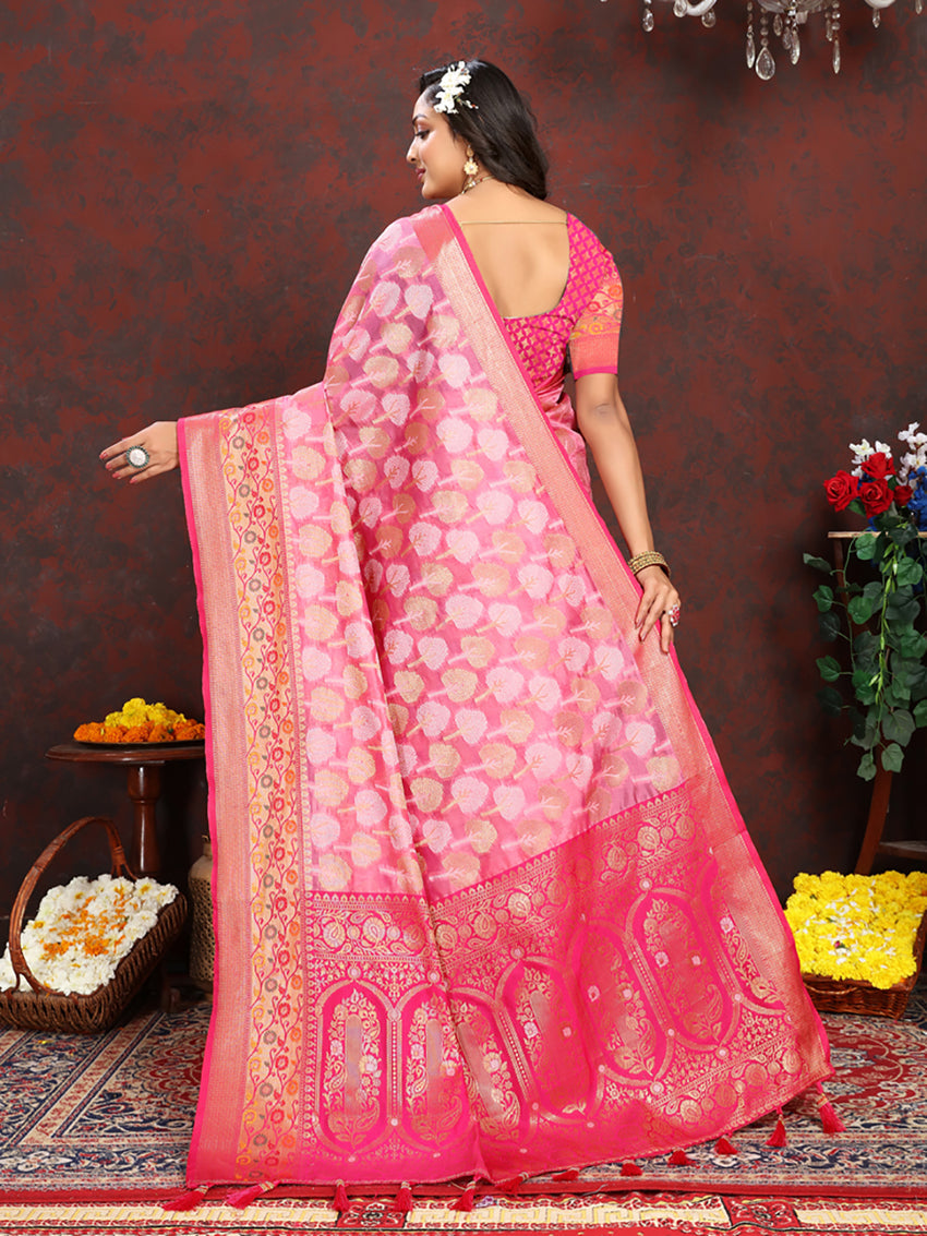 Lorenvalley Fashion Pink Organza Silk Woven Design with Rich Meenakari Weaving Pallu Saree - Swadesiicart