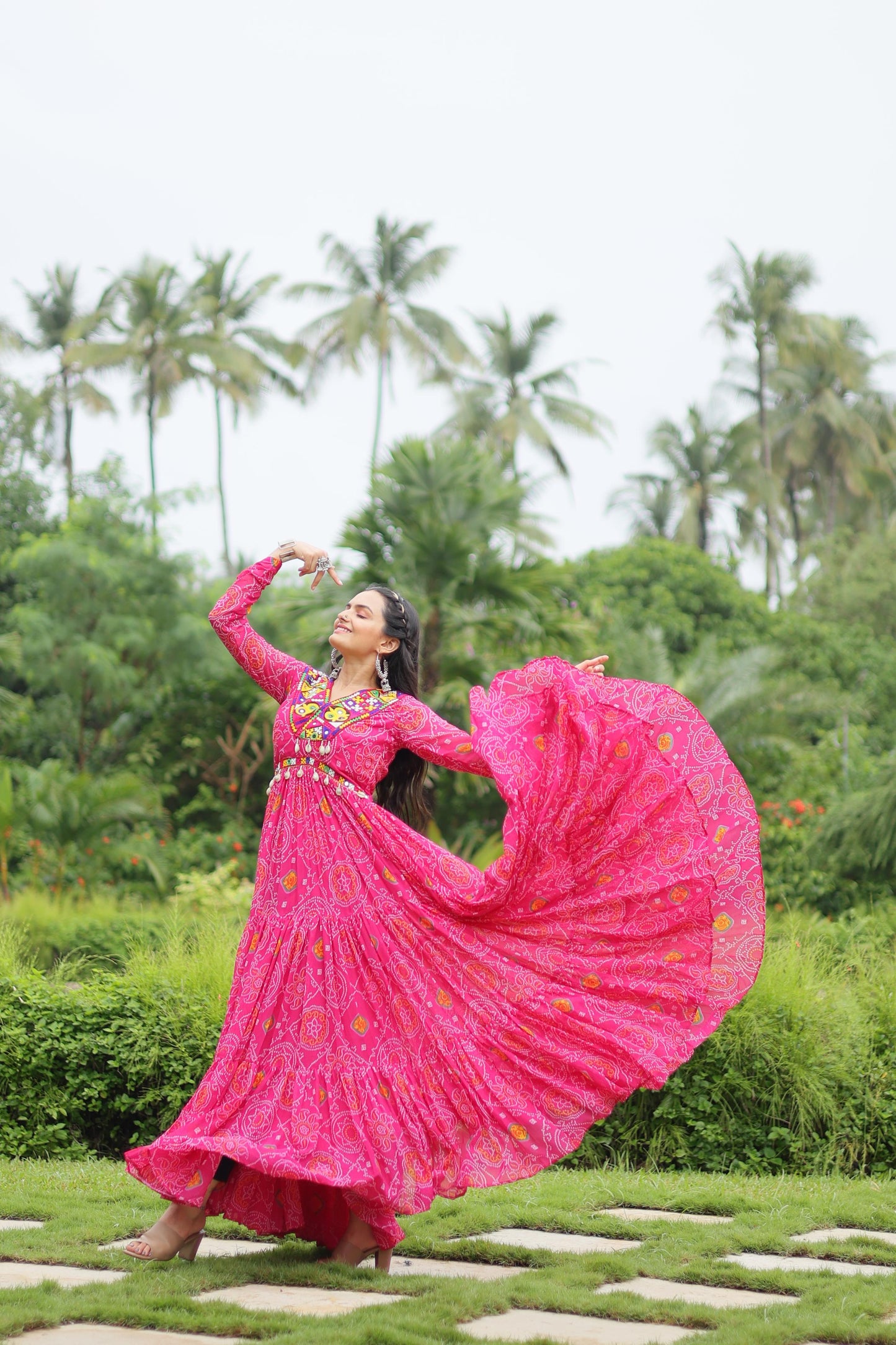 Lorenvalley Pink Faux Georgette Bandhani Print Work With Kutchi Patch Work Gown | Swadesiicart