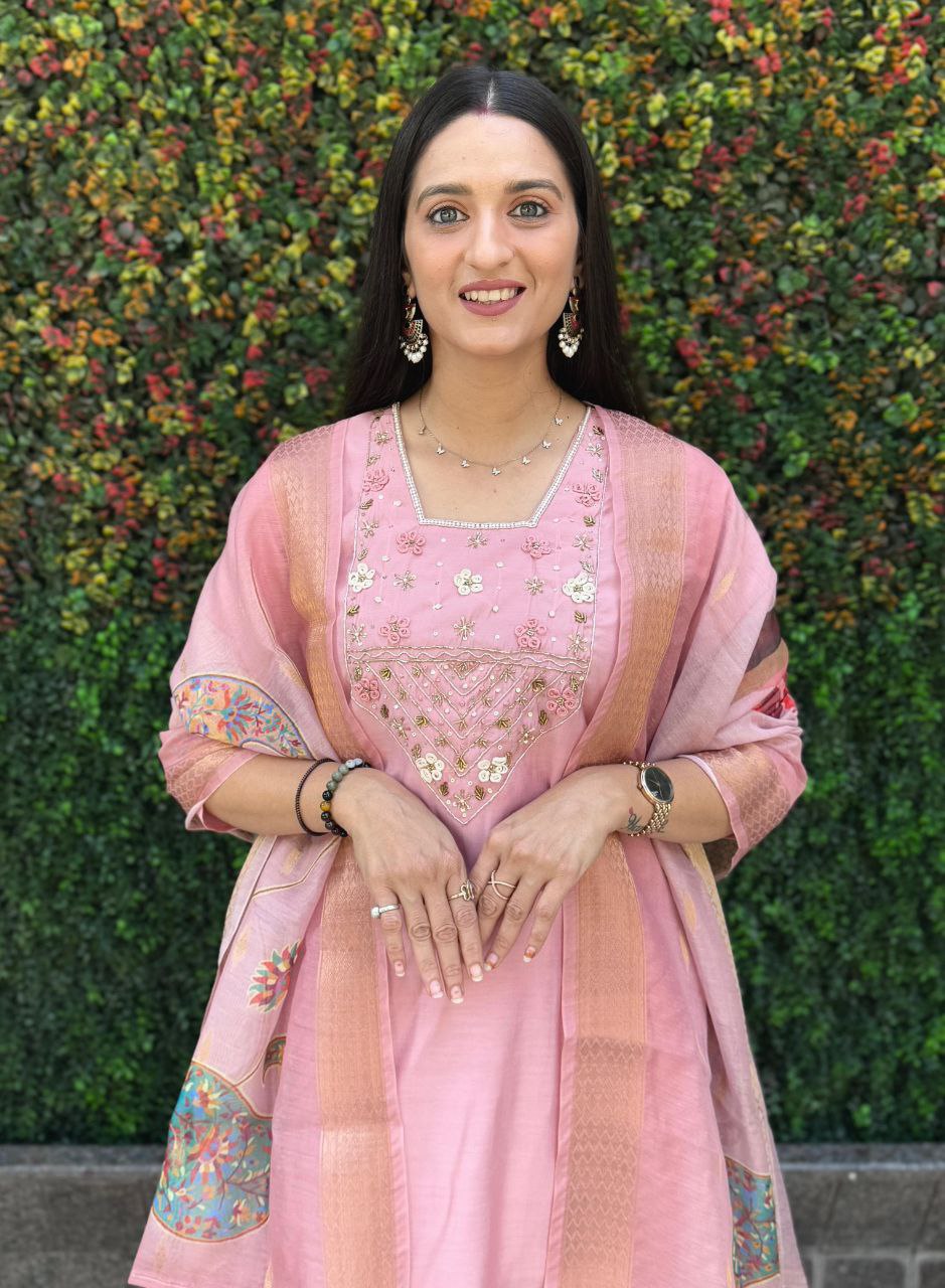 Lorenvalley Fashion Pink Roman Silk Hand Work Kurta Pant with Dupatta - Swadesiicart