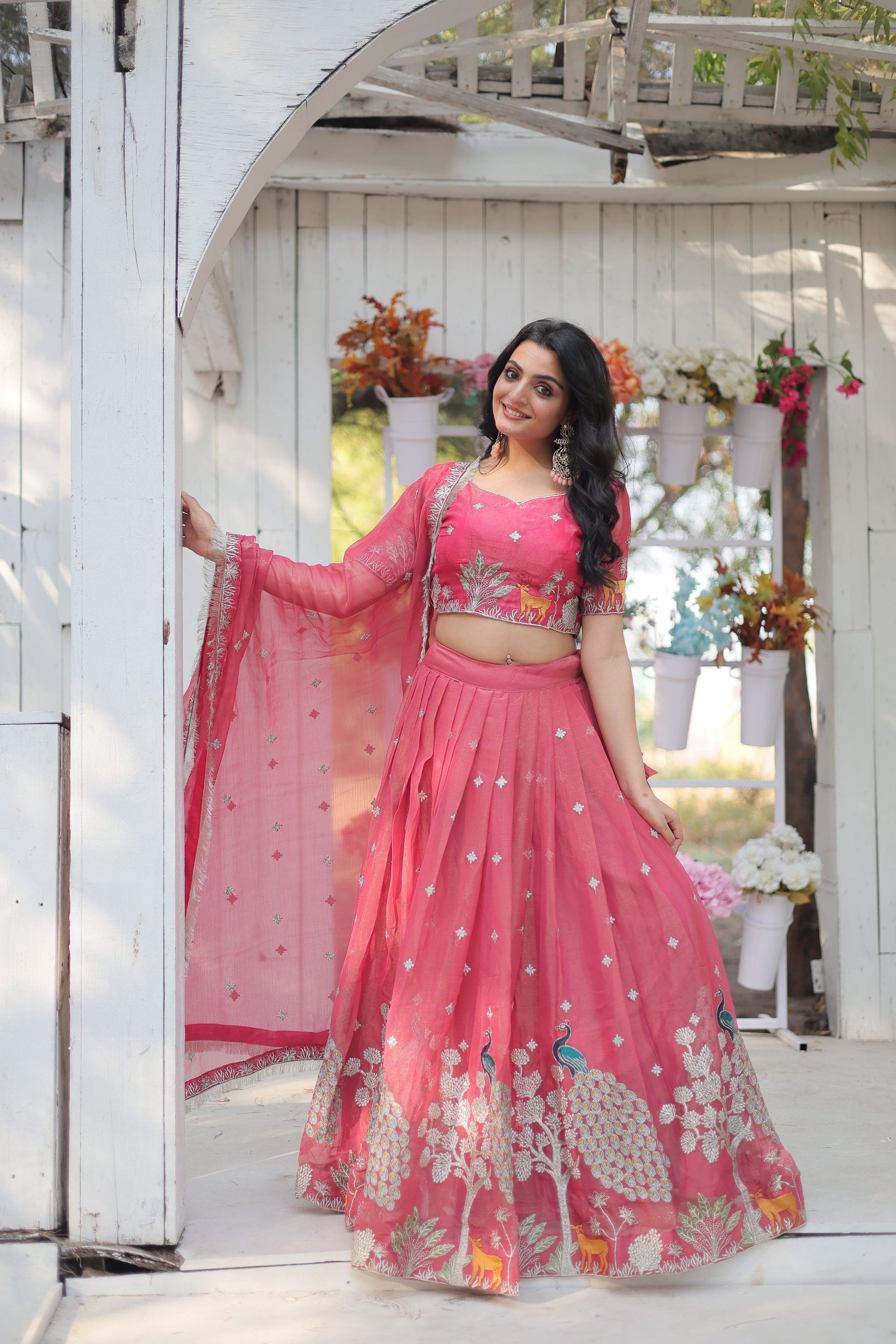 Lorenvalley Pink Gold Coin Fabric with Sequins and Thread Embroidered work Lehenga Choli with Dupatta | Swadesiicart