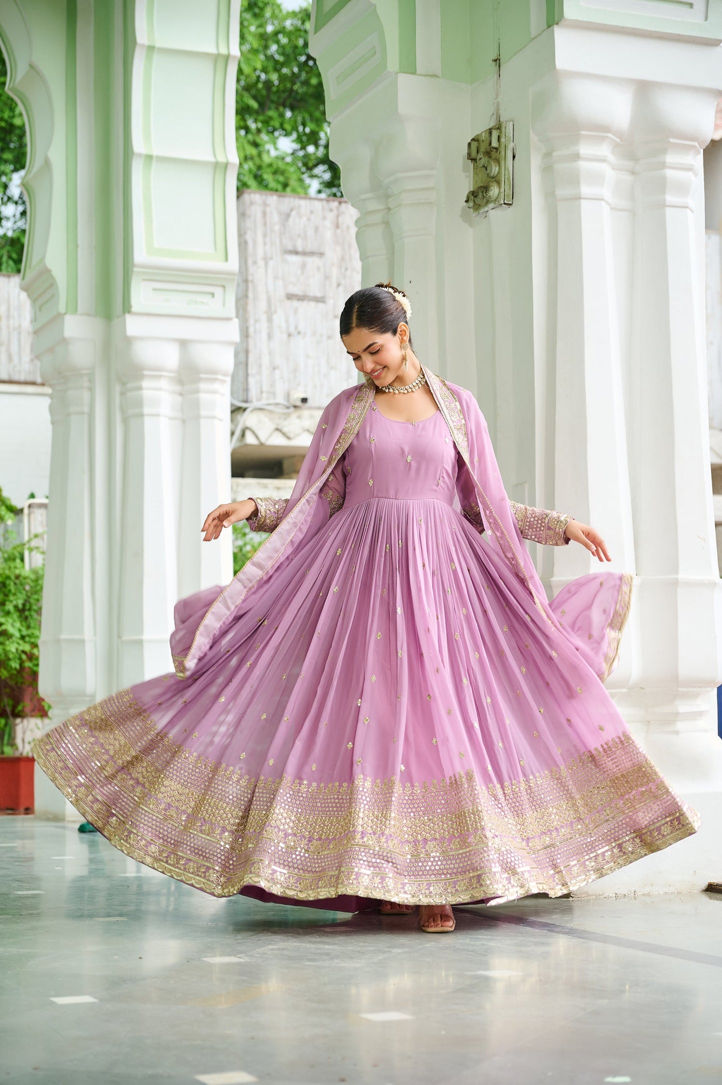 Lorenvalley Fashion Pink Faux Georgette with Embroidered work Anarkali Gown with Dupatta - Swadesiicart