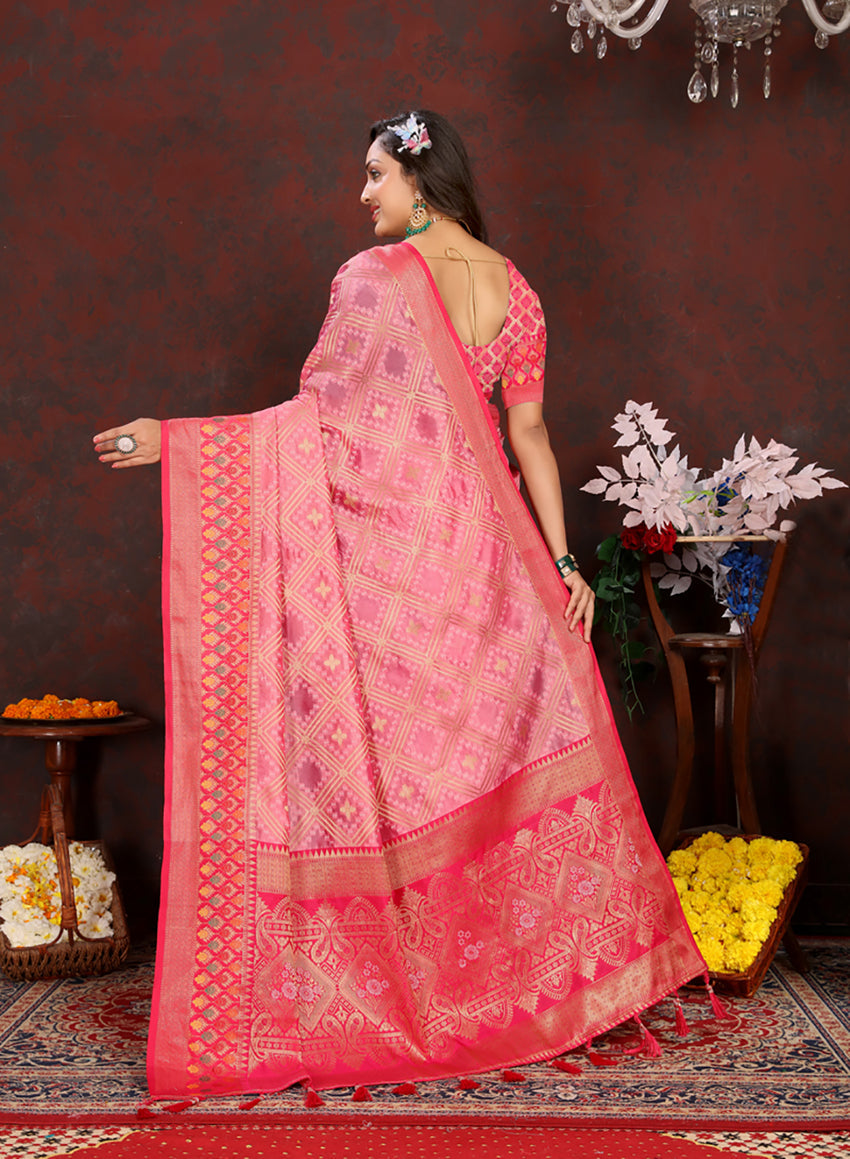 Lorenvalley Fashion Pink Organza Silk Woven Design with Rich Meenakari Weaving Pallu Saree - Swadesiicart