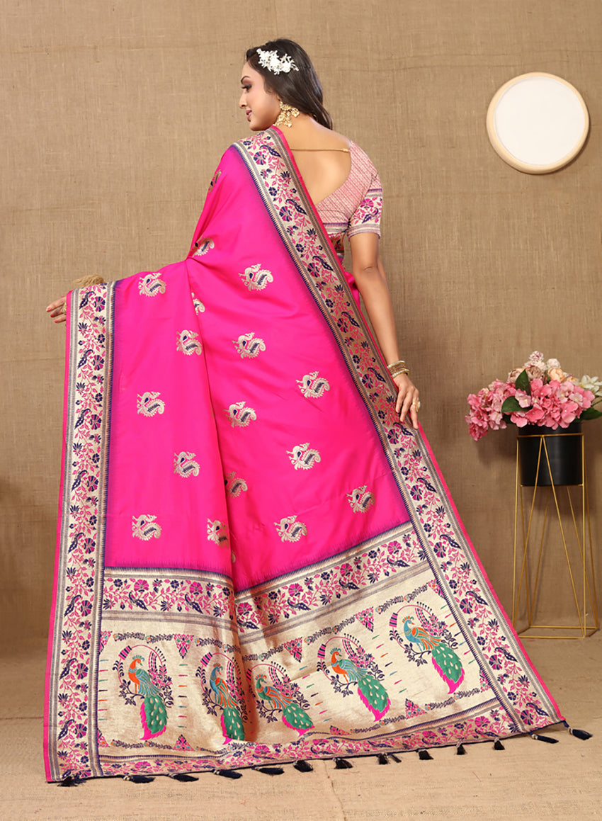 Lorenvalley Fashion Pink Soft Paithani Silk Woven Design Rich Meenakari Zari Weaving Pallu Saree - Swadesiicart