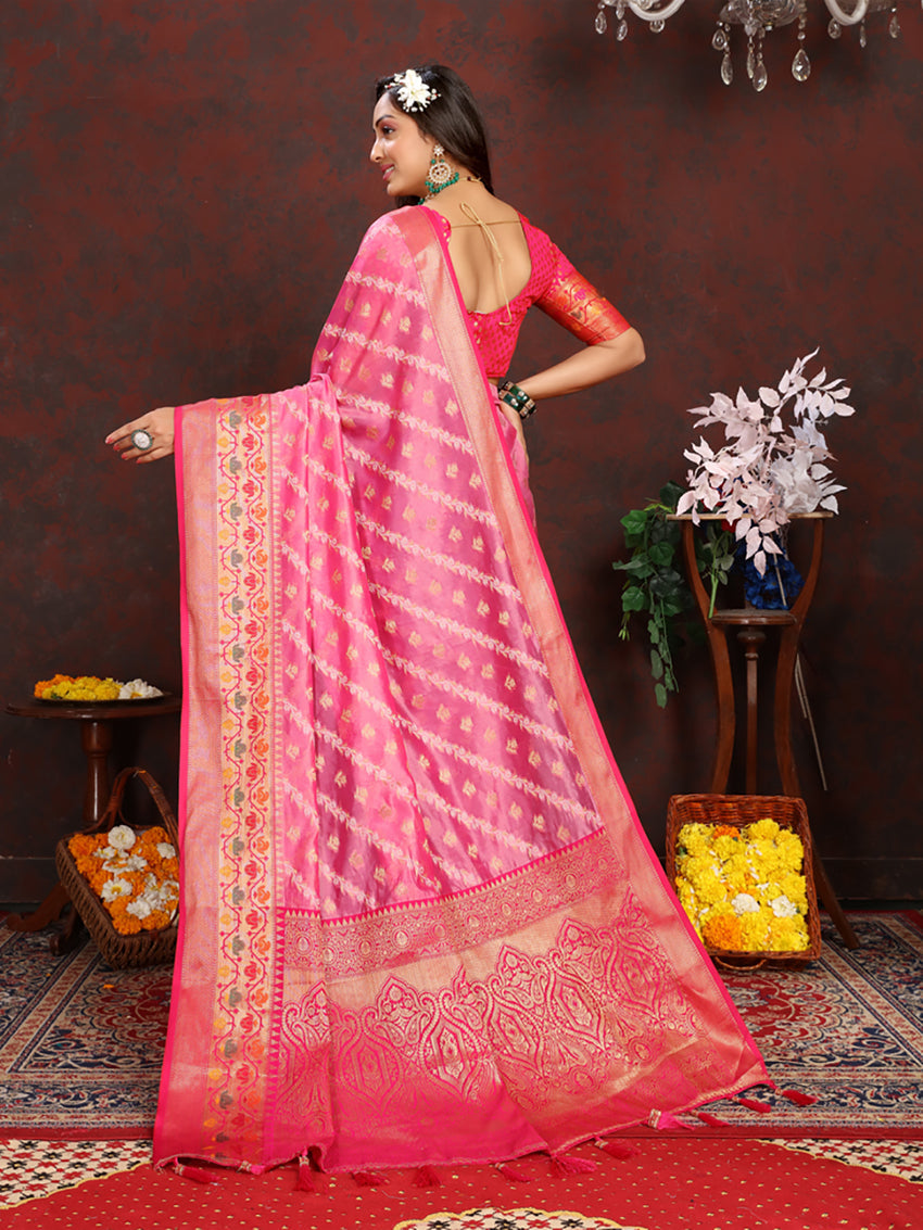 Lorenvalley Fashion Pink Organza Silk Woven Design with Rich Meenakari Weaving Pallu Saree - Swadesiicart