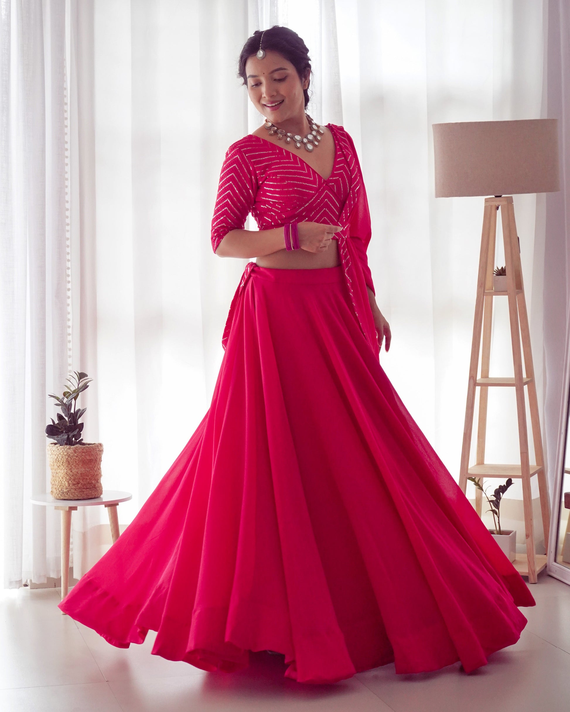 Lorenvalley Pink Faux Georgette Plain Micro Cotton Full Inner with Canvas Patta Double Lining Lehenga Choli | Swadesiicart