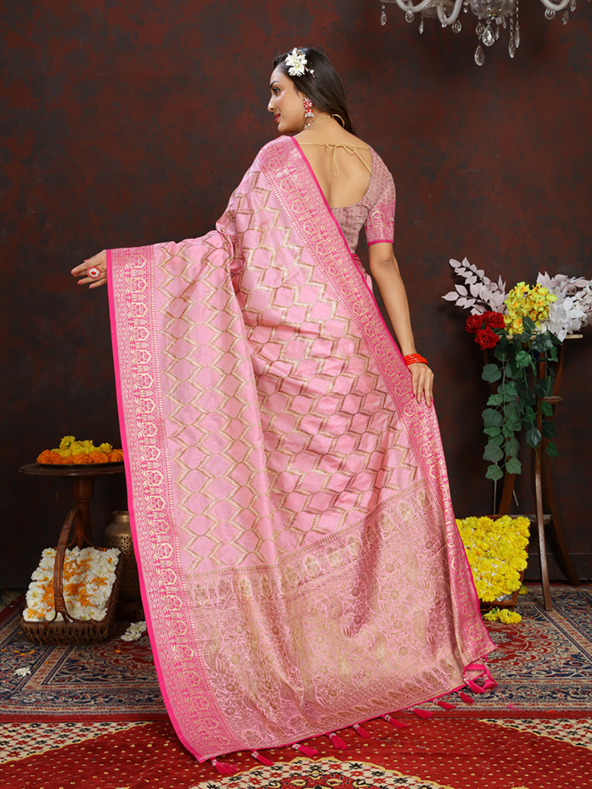 Lorenvalley Fashion Pink Soft Katan Silk Woven Design Rich Zari Weaving Pallu Saree - Swadesiicart