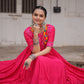 Lorenvalley Fashion Pink Roman Silk with Thread with mirror work & Maslin Crochet Print Work Gown | Swadesiicart