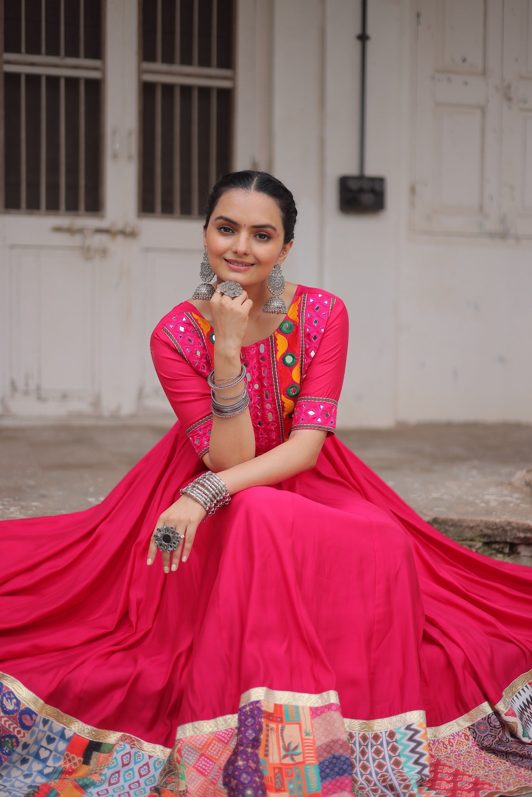 Lorenvalley Fashion Pink Roman Silk with Thread with mirror work & Maslin Crochet Print Work Gown | Swadesiicart