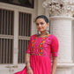 Lorenvalley Fashion Pink Roman Silk with Thread with mirror work & Maslin Crochet Print Work Gown | Swadesiicart