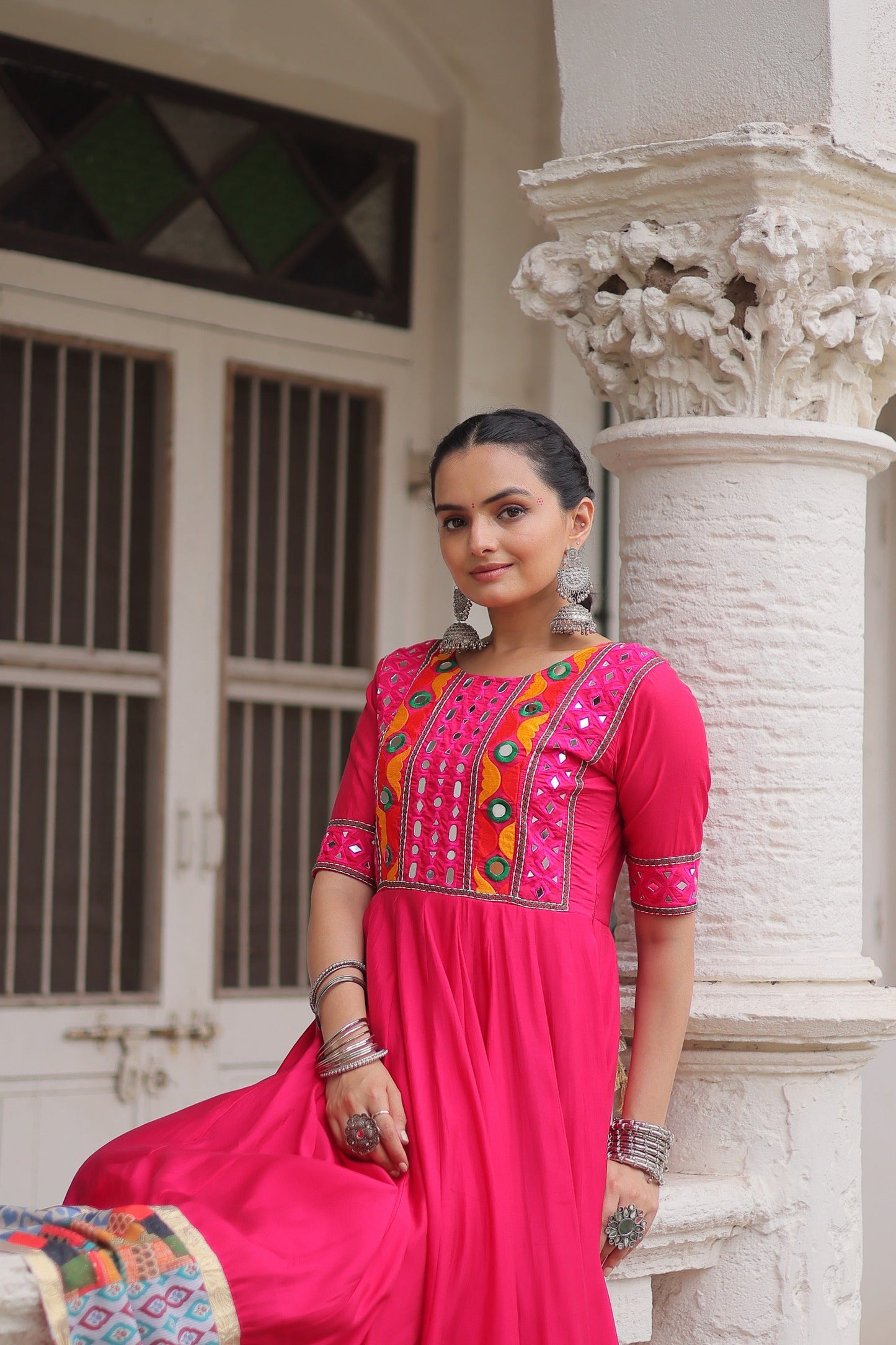 Lorenvalley Fashion Pink Roman Silk with Thread with mirror work & Maslin Crochet Print Work Gown | Swadesiicart