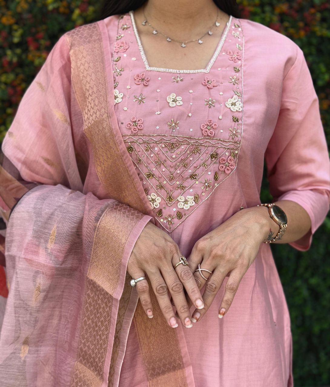 Lorenvalley Fashion Pink Roman Silk Hand Work Kurta Pant with Dupatta - Swadesiicart