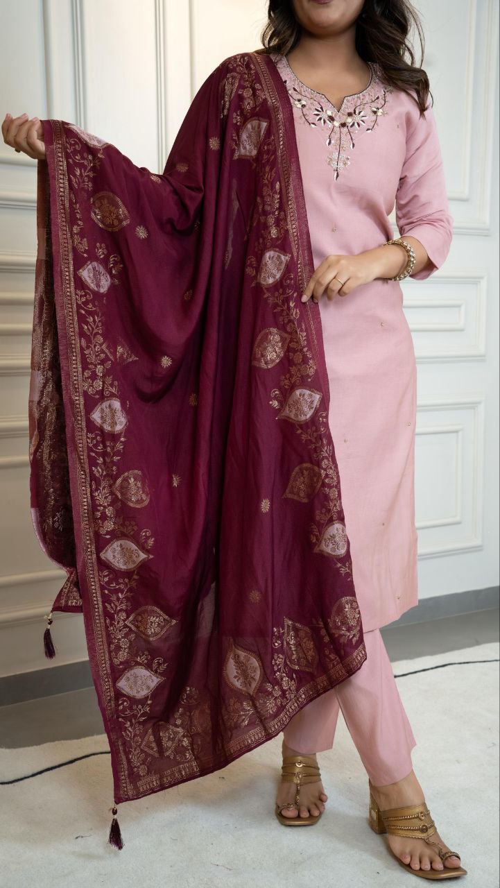 Lorenvalley Fashion Pink Roman Silk Hand Work Kurta Pant with Dupatta - Swadesiicart
