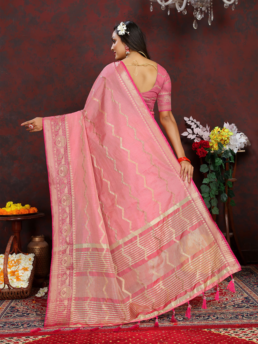 Lorenvalley Fashion Pink Soft Katan Silk Woven Design Zari Weaving Pallu Saree - Swadesiicart