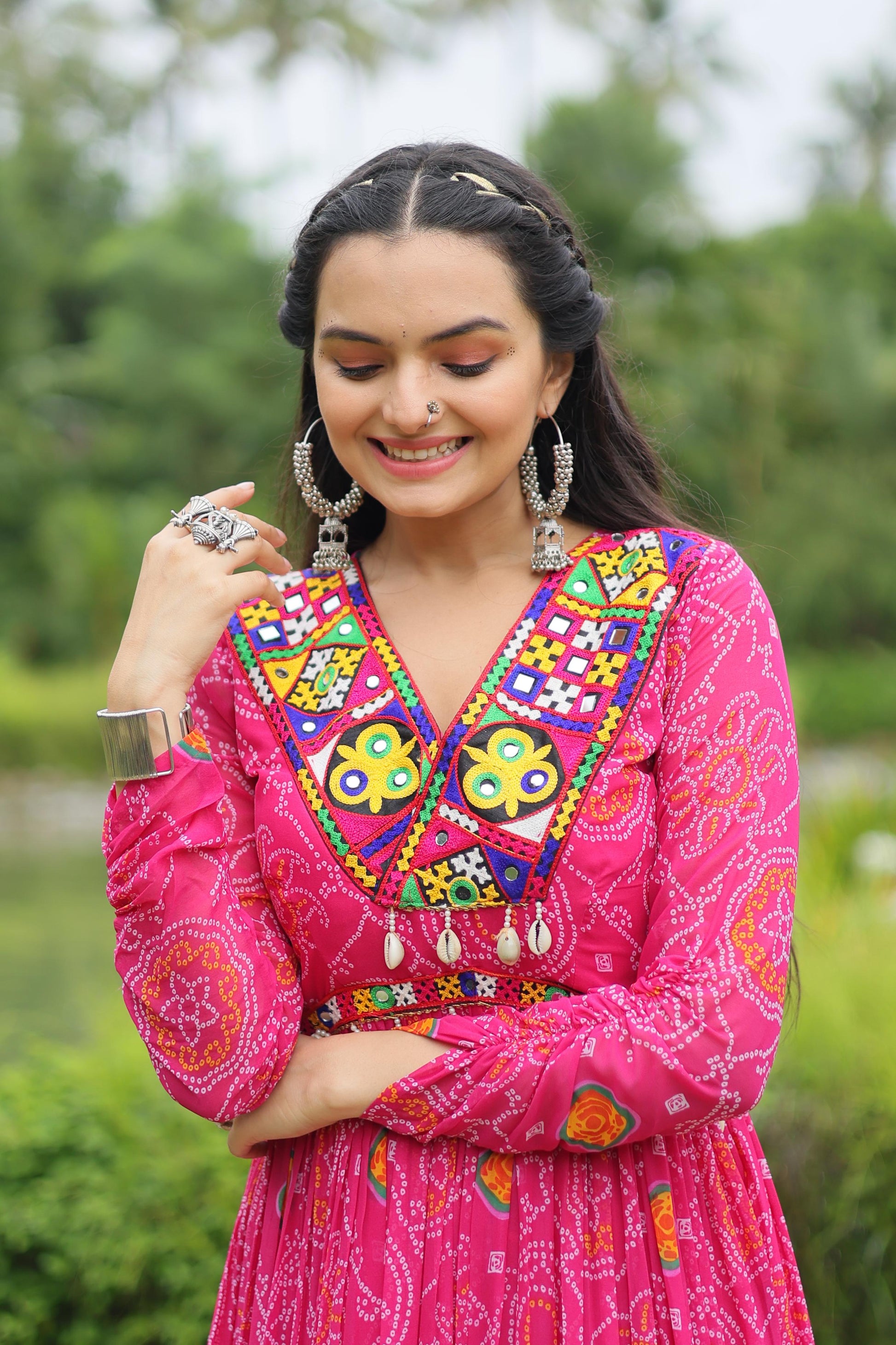 Lorenvalley Pink Faux Georgette Bandhani Print Work With Kutchi Patch Work Gown | Swadesiicart