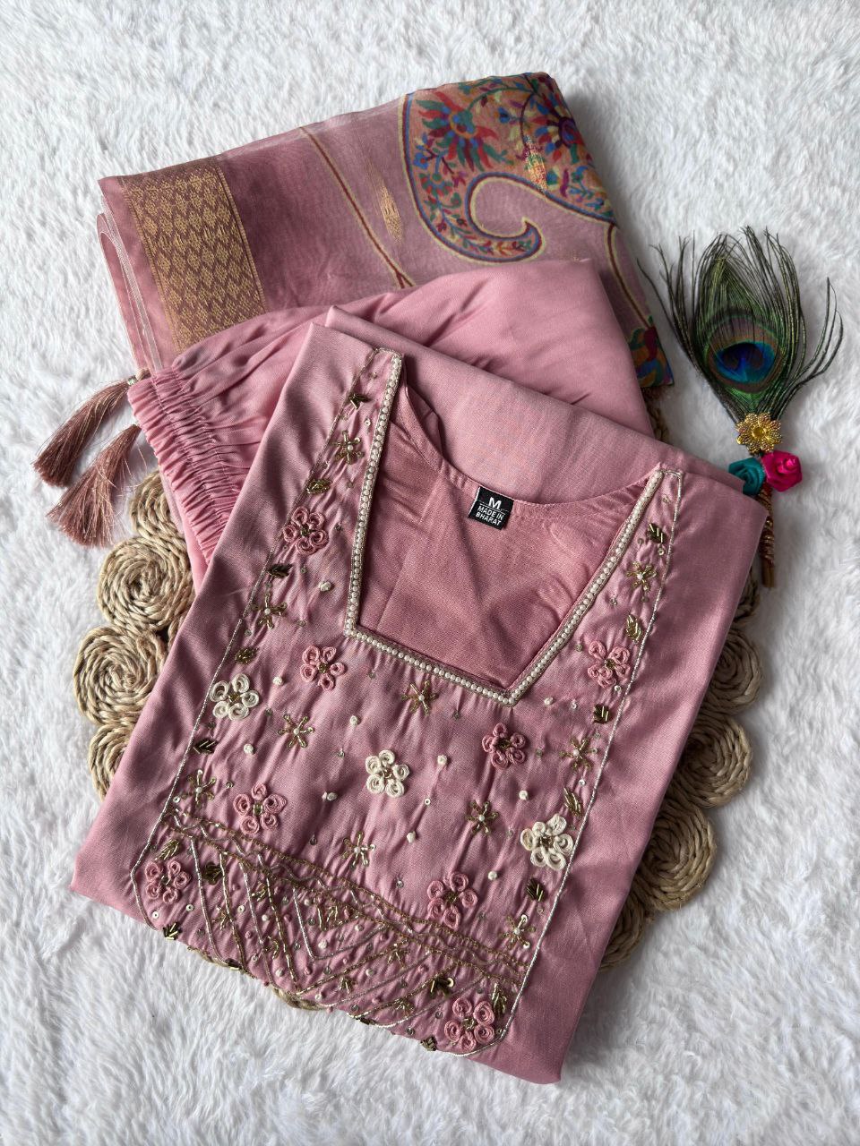 Lorenvalley Fashion Pink Roman Silk Hand Work Kurta Pant with Dupatta - Swadesiicart