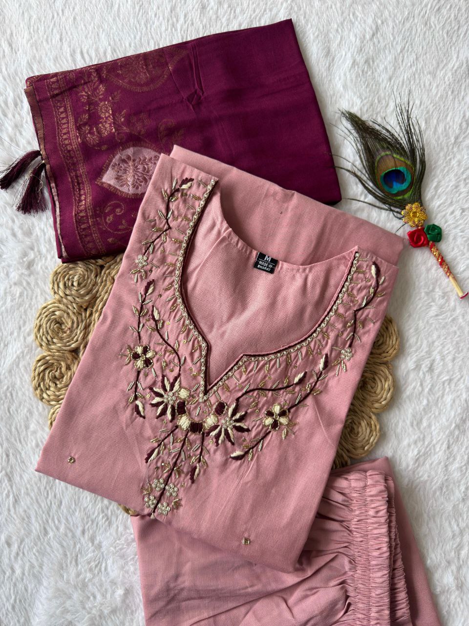 Lorenvalley Fashion Pink Roman Silk Hand Work Kurta Pant with Dupatta - Swadesiicart