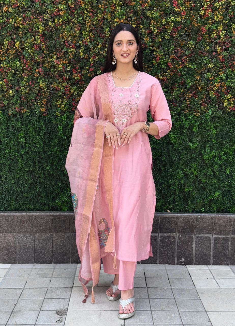 Lorenvalley Fashion Pink Roman Silk Hand Work Kurta Pant with Dupatta - Swadesiicart