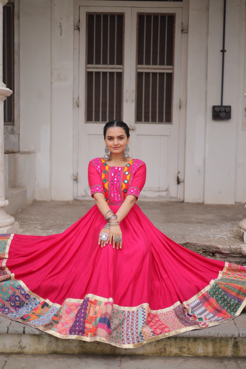 Lorenvalley Fashion Pink Roman Silk with Thread with mirror work & Maslin Crochet Print Work Gown | Swadesiicart