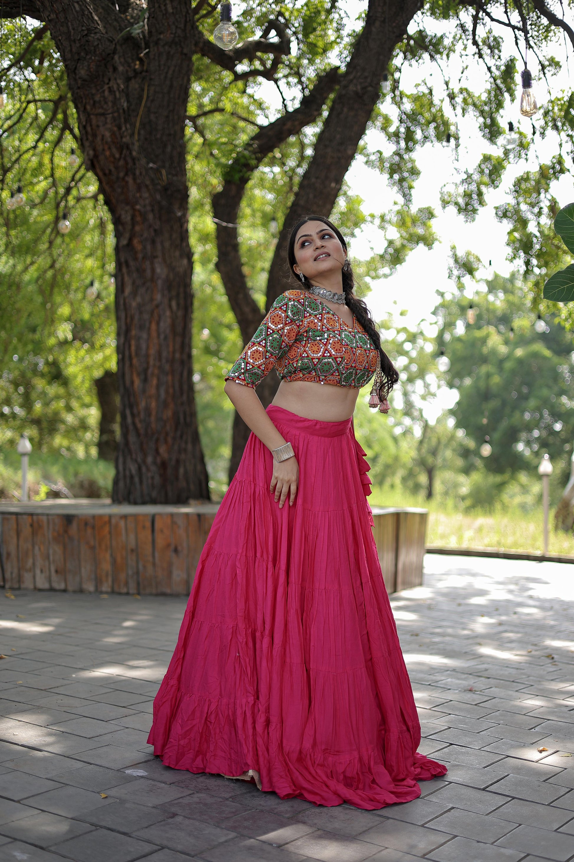 Lorenvalley Pink Premium Rayon Lehenga with Georgette Embroidered Traditional Thread work Choli | Swadesiicart