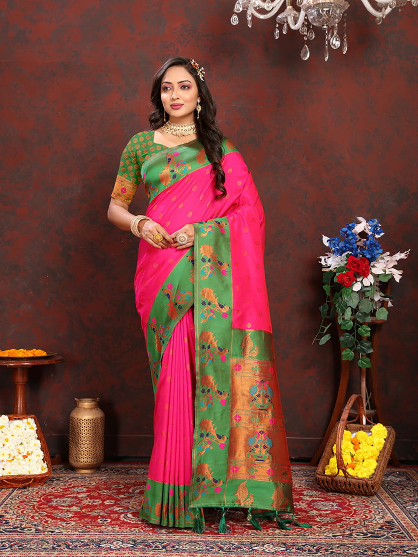 Lorenvalley Fashion Pink Soft Paithani Silk Woven Design Rich Zari Meenakari Weaving Saree - Swadesiicart