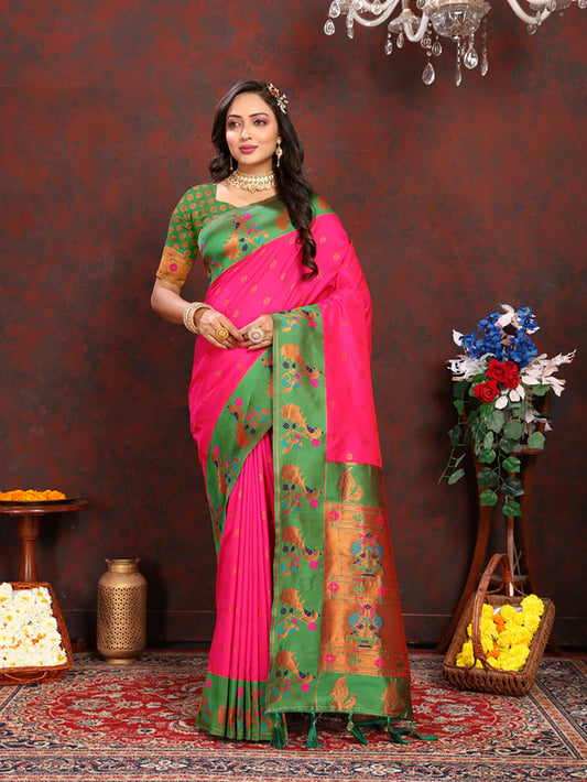 Lorenvalley Fashion Pink Soft Paithani Silk Woven Design Rich Zari Meenakari Weaving Saree - Swadesiicart