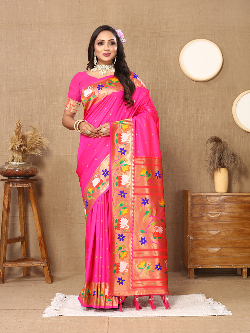 Lorenvalley Fashion Pink Soft Paithani Silk Woven Design Rich Zari Meenakari Weaving Saree - Swadesiicart