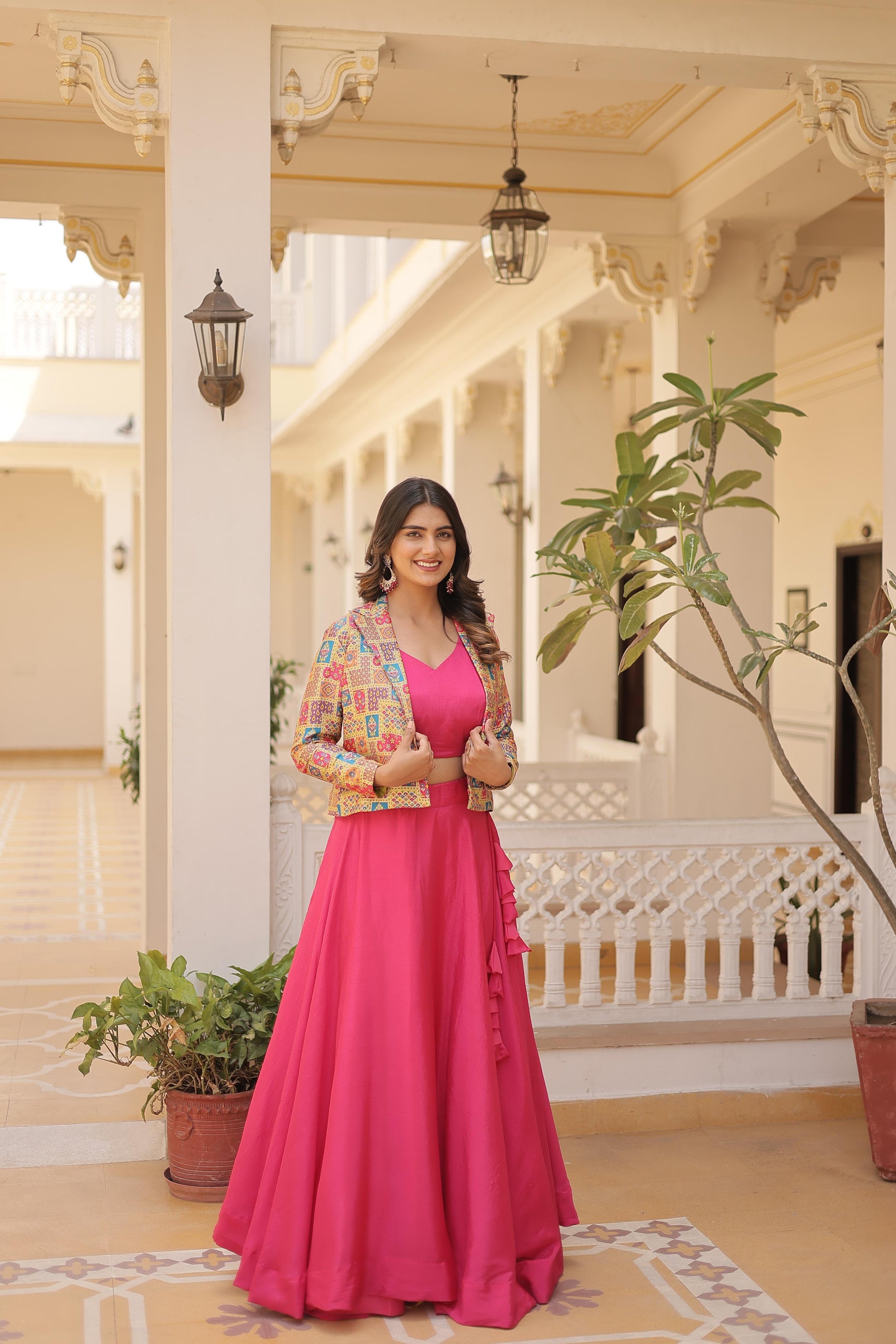 Lorenvalley Pink Premium Chinnon Lehenga Choli with Jacquard Woven Design Koti | Swadesiicart