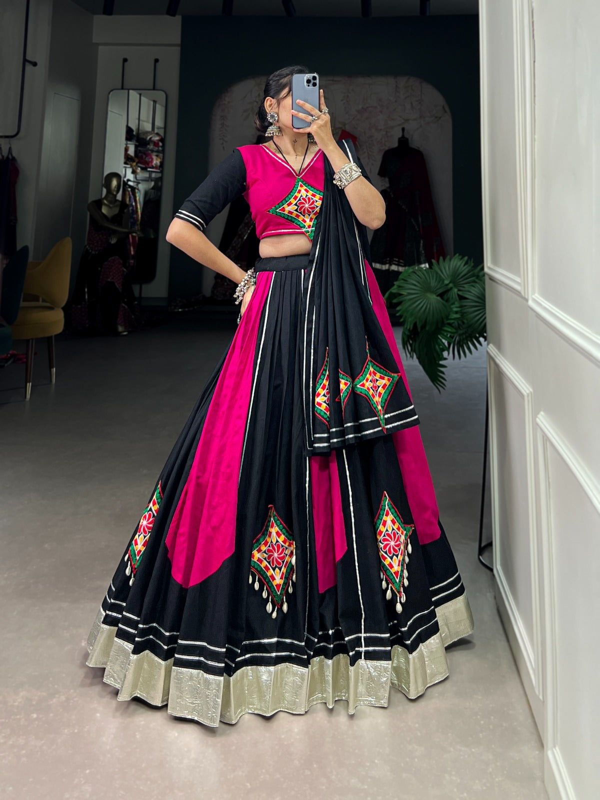Lorenvalley Pink and Black Plain With Gamthi Patch Work & Gota Patti Lace also cowrie (kodi) lace touch up Lehenga Choli | Swadesiicart