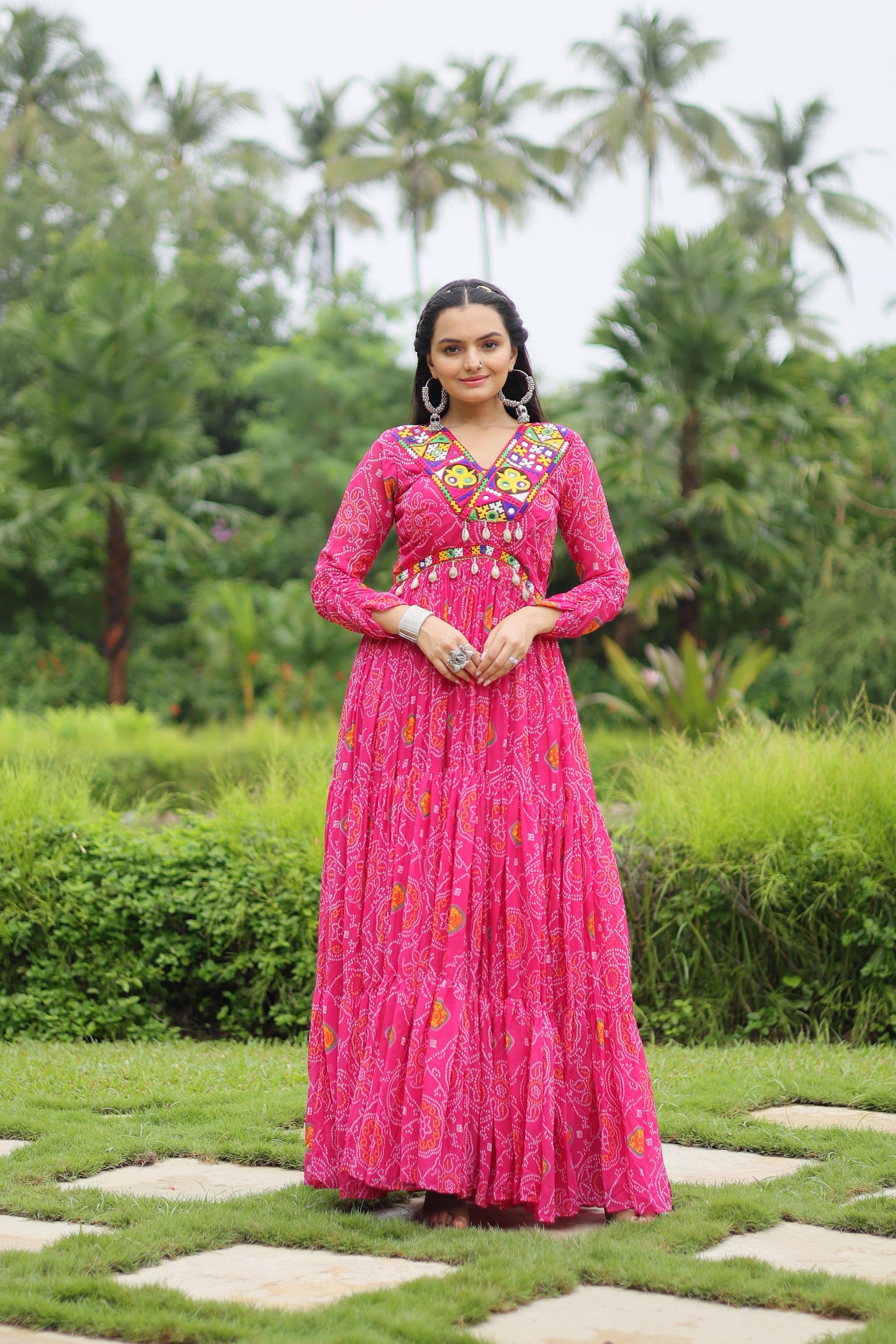 Lorenvalley Pink Faux Georgette Bandhani Print Work With Kutchi Patch Work Gown | Swadesiicart
