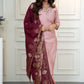Lorenvalley Fashion Pink Roman Silk Hand Work Kurta Pant with Dupatta - Swadesiicart