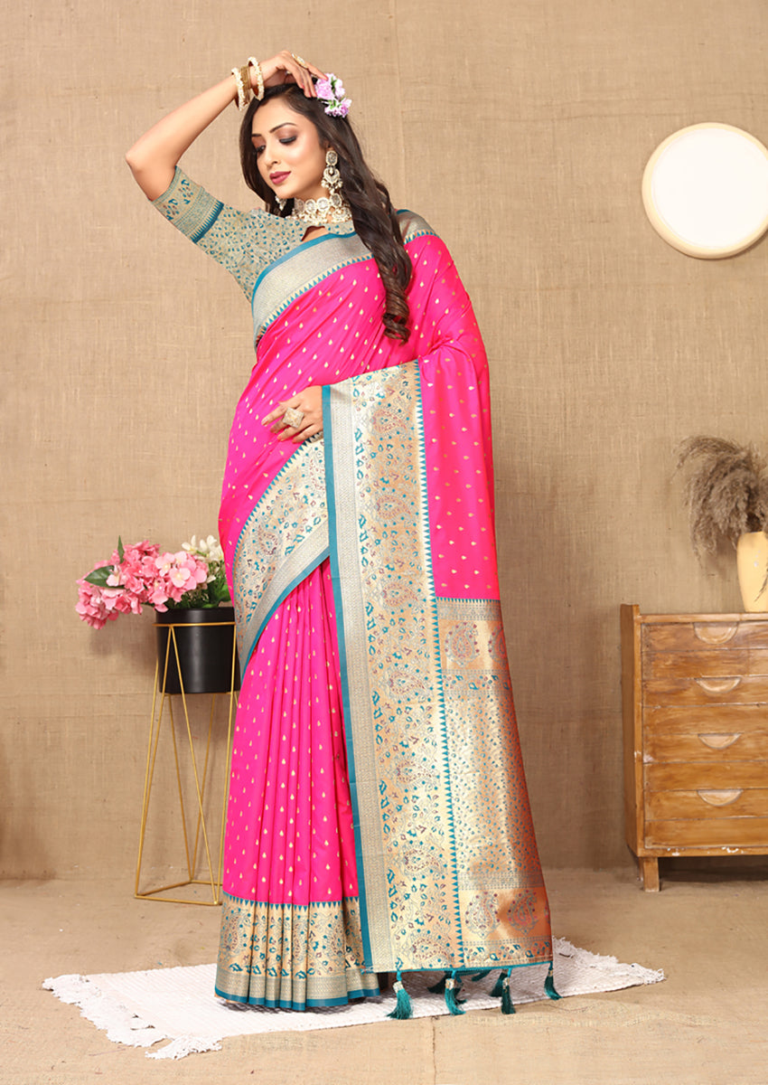 Lorenvalley Fashion Pink Soft Silk weaving Design Rich Zari Weaving Saree - Swadesiicart