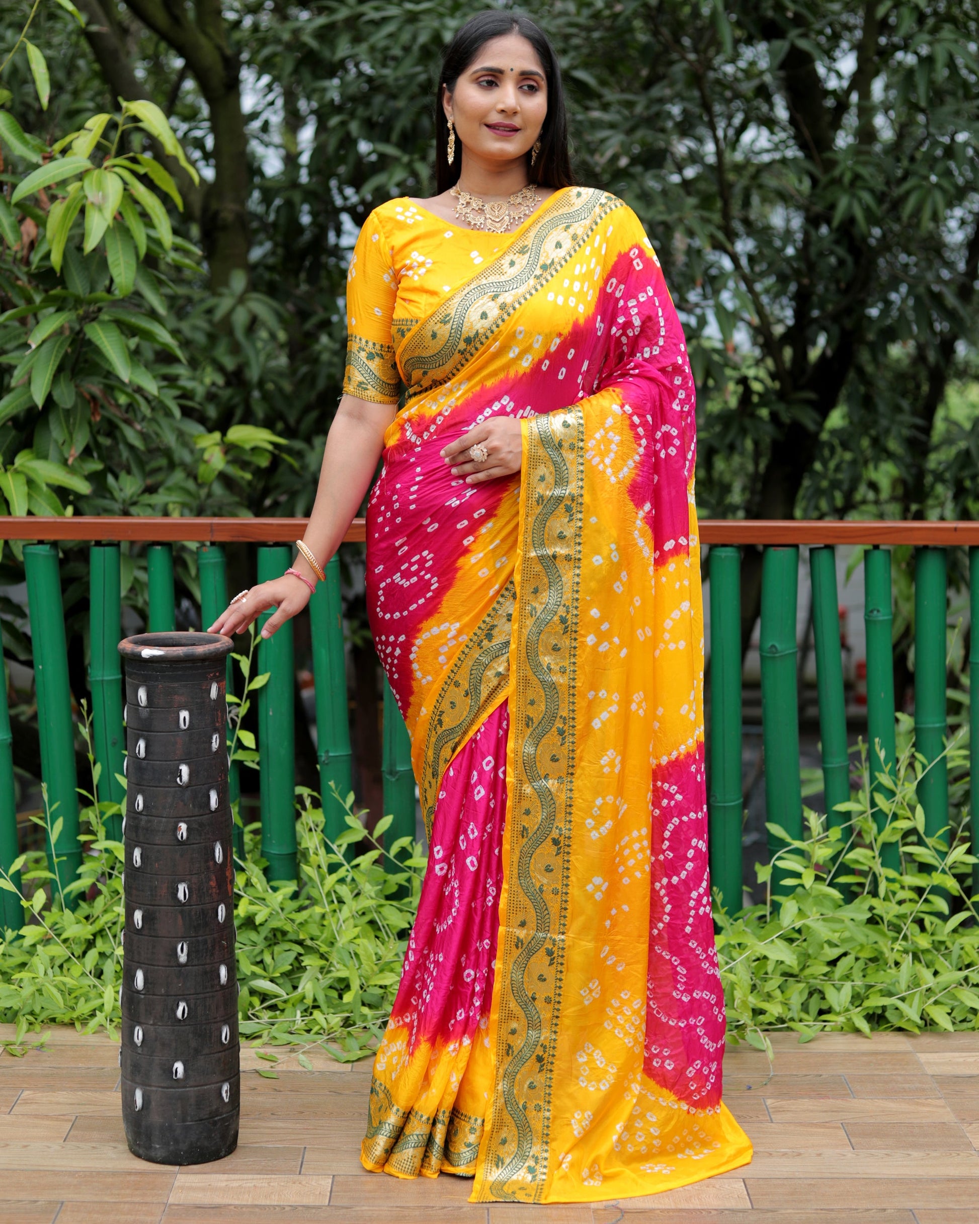 Lorenvalley Premium Pure Bandhej Tapeta Soft light weight silk saree with zari weaving Border - Multicolor - Swadesiicart