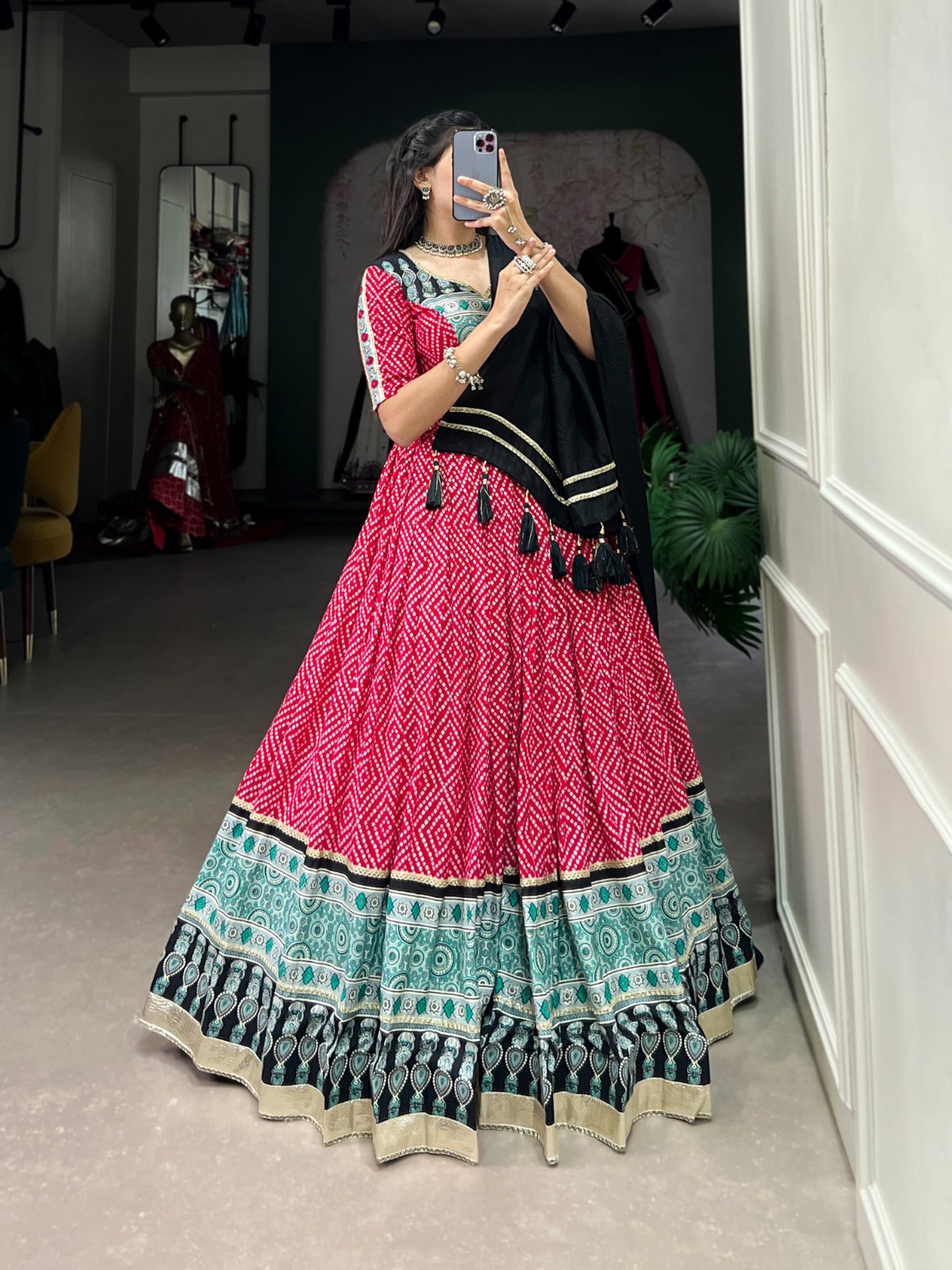 Lorenvalley Pink Rayon with Bandhej And Ajarakh Print With Embossed Design Gota Lace Touch up Lehenga Choli | Swadesiicart