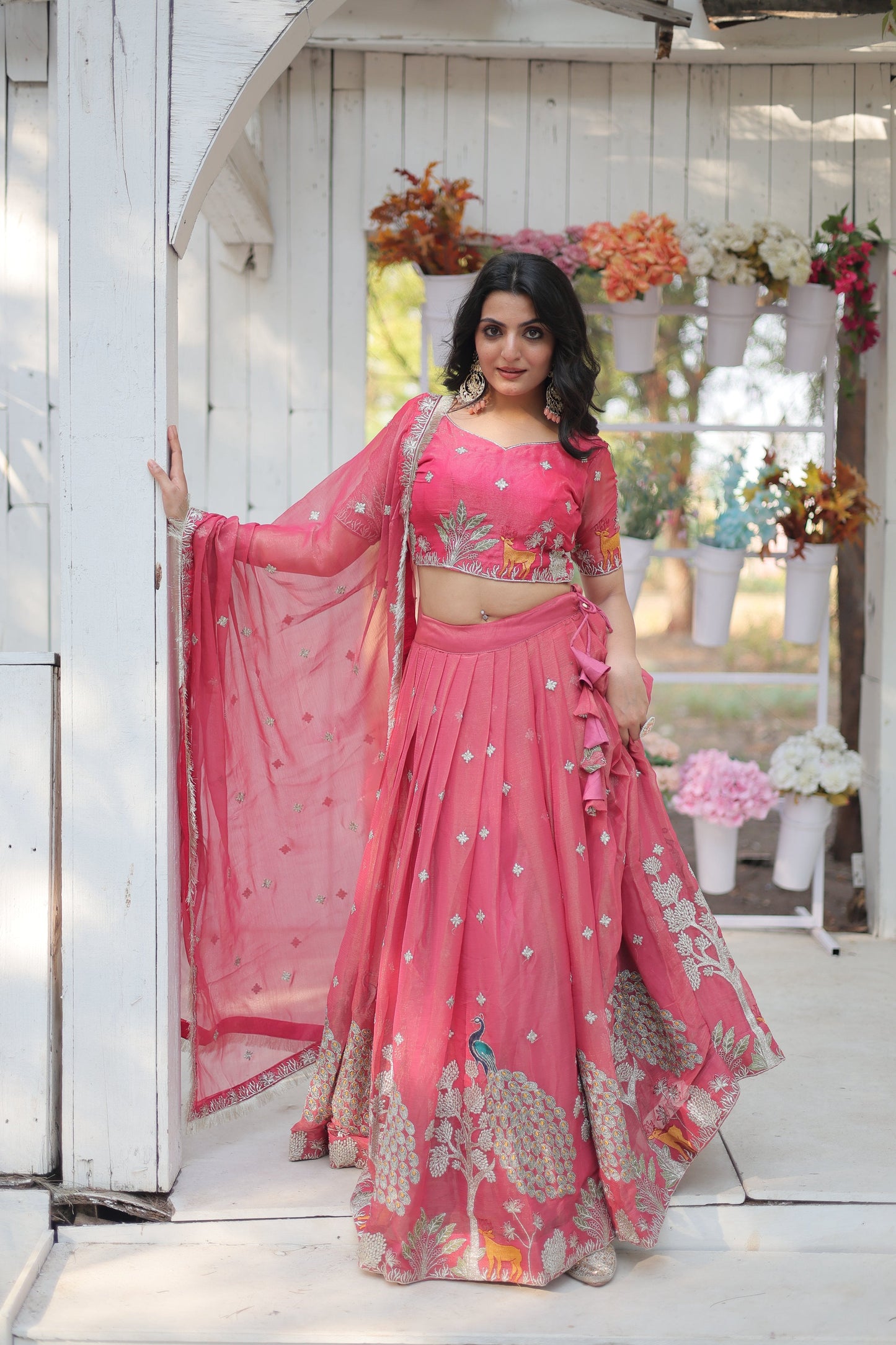 Lorenvalley Pink Gold Coin Fabric with Sequins and Thread Embroidered work Lehenga Choli with Dupatta | Swadesiicart