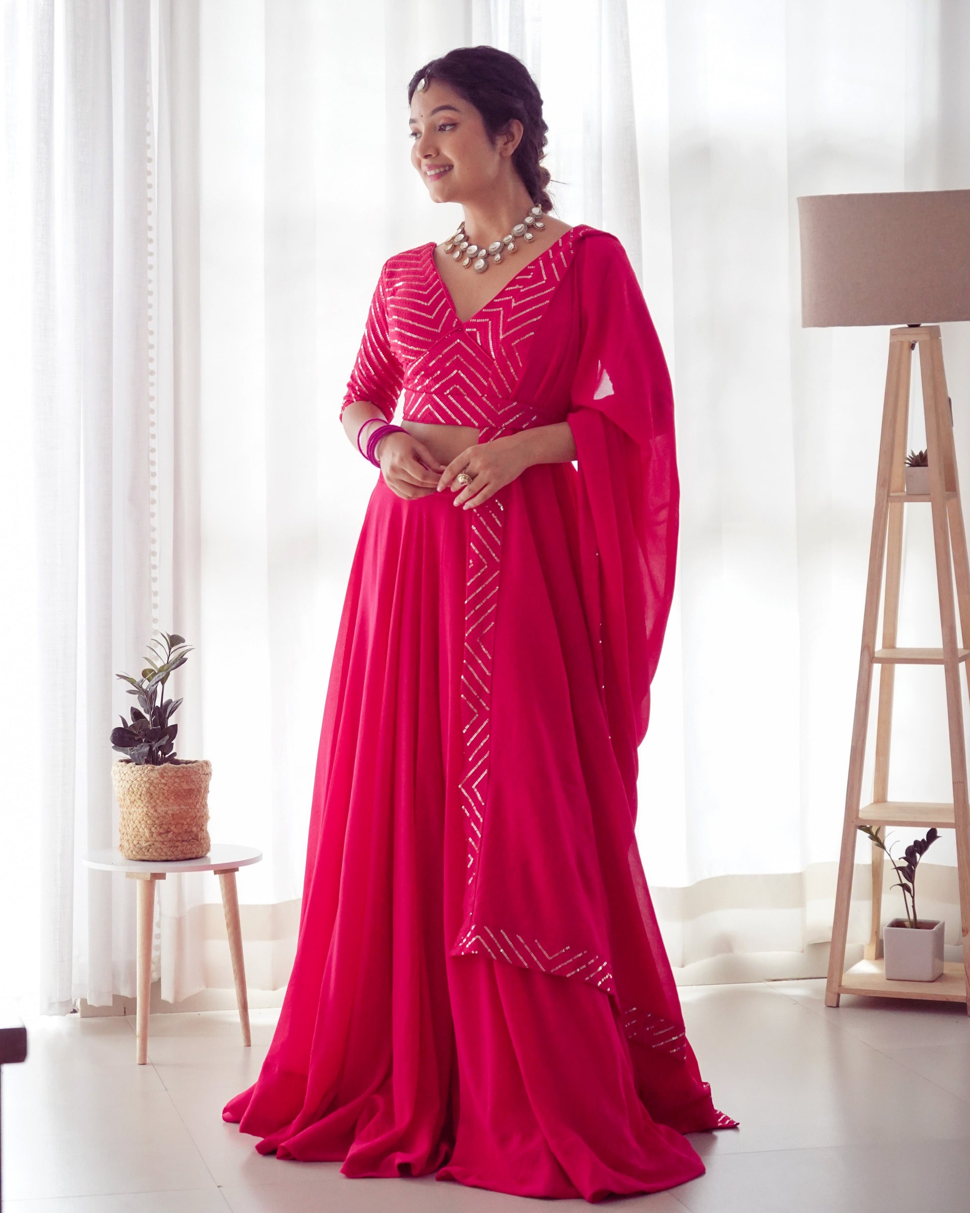 Lorenvalley Pink Faux Georgette Plain Micro Cotton Full Inner with Canvas Patta Double Lining Lehenga Choli | Swadesiicart