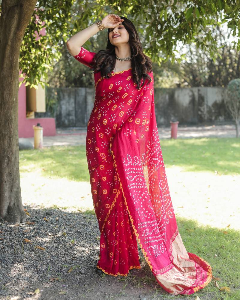 Anaita Pink Woven Design Pure Bandhej Silk Saree With Blouse