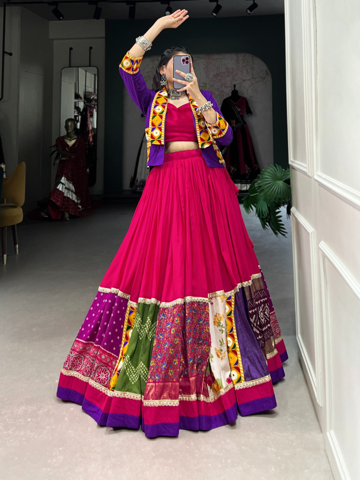Lorenvalley Pink Pure Rayon with Plain With Printed And Gamthi Patch Work With Lace Touch Up Lehenga Choli | Swadesiicart