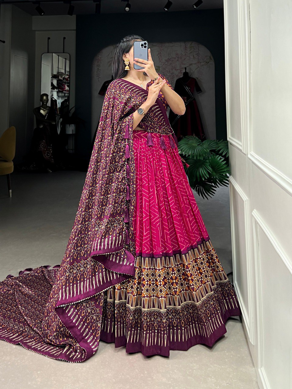 Lorenvalley Pink Tussar Silk Bandhej And Ajarakh Print Lehenga Choli with Dupatta | Swadesiicart