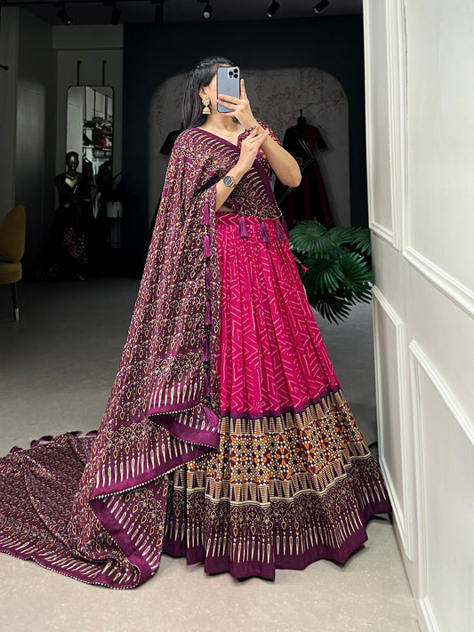 Lorenvalley Pink Tussar Silk Bandhej And Ajarakh Print Lehenga Choli with Dupatta | Swadesiicart