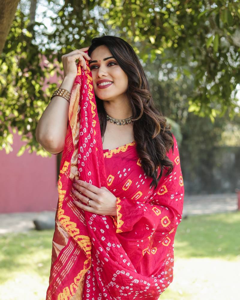 Anaita Pink Woven Design Pure Bandhej Silk Saree With Blouse