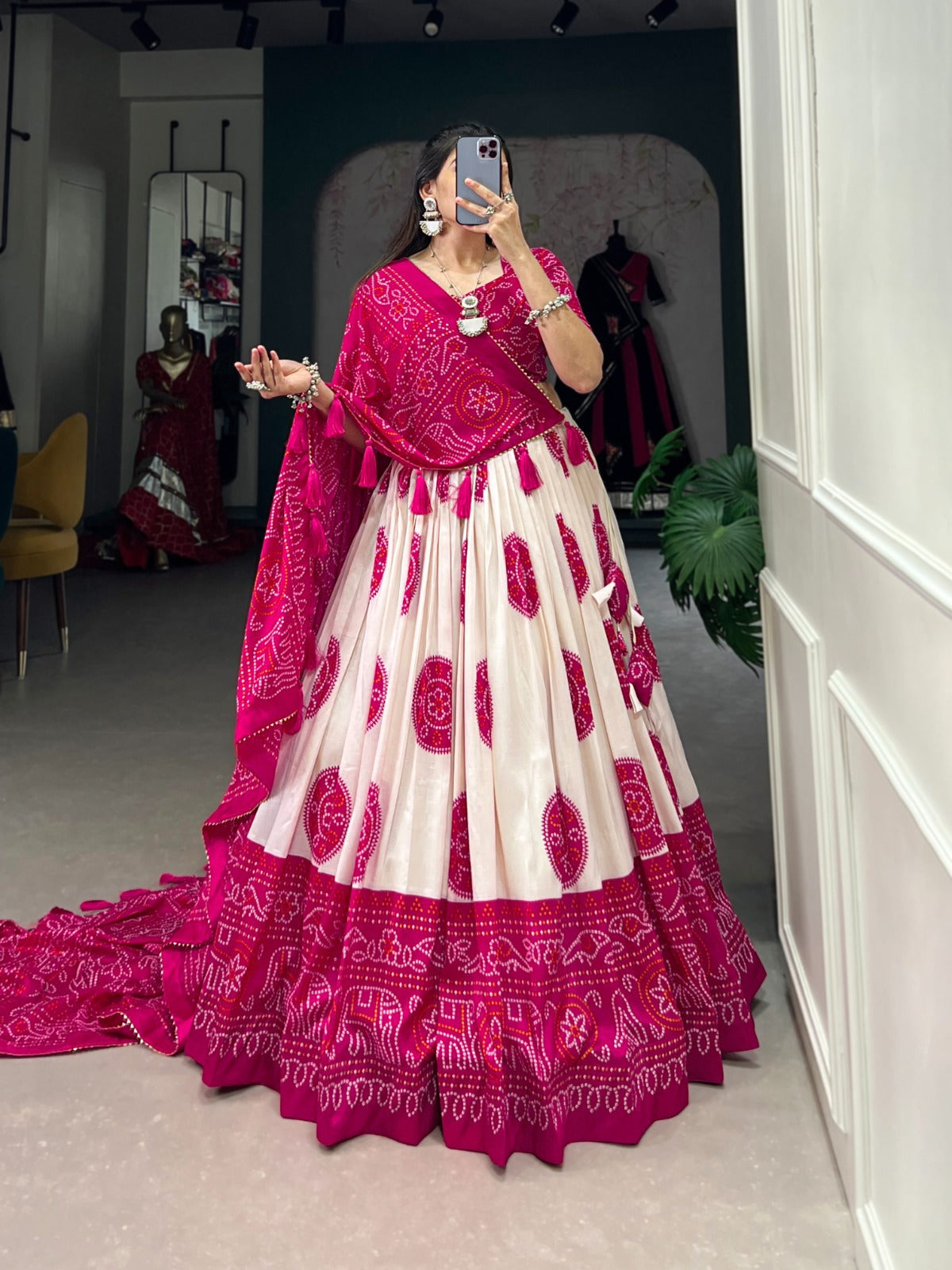 Lorenvalley Pink Tussar Silk with Bandhej Print Lehenga Choli | Swadesiicart