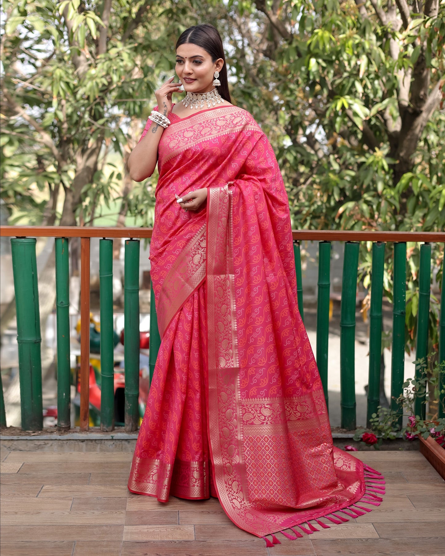 Lorenvalley Premium Bandhej Patola Silk Sarees with kanchi Borders and Contrast Zari Weaving borders Saree - Pink - Swadesiicart